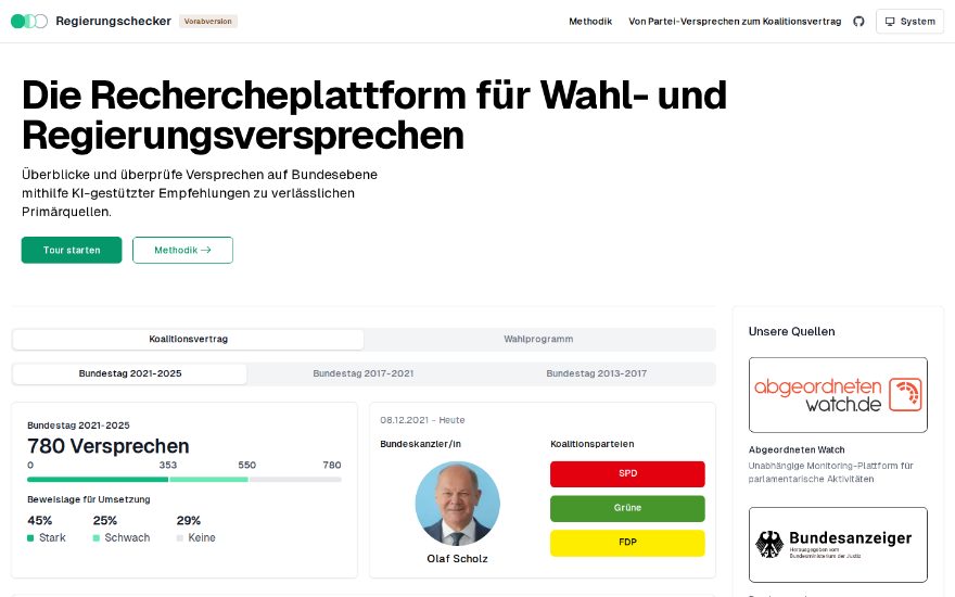 Startseite des Regierungscheckers mit 780 Versprechen des Bundestags 2021-2025